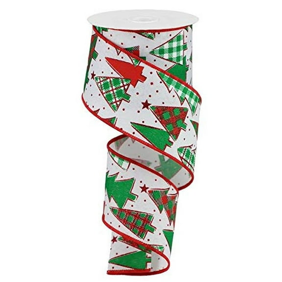 White Christmas Tree Check Buffalo Plaid Canvas Wired Edge Ribbon - 10 Yards (Red, Emerald Green, White, 2.5")