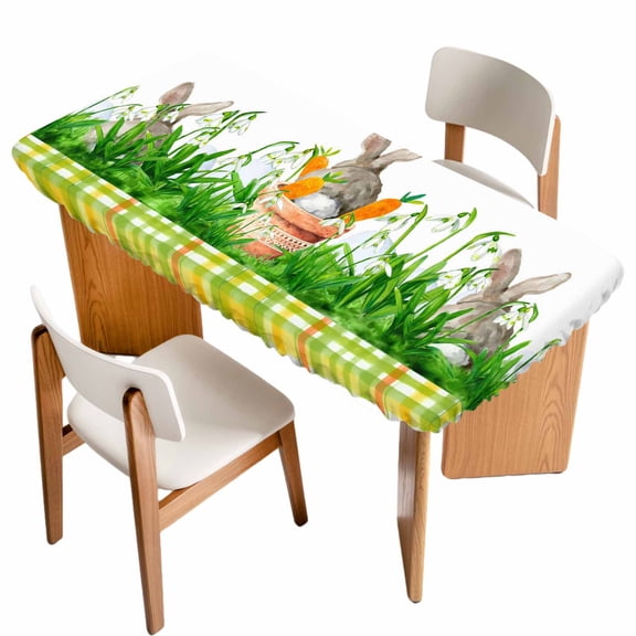 Easter Bunny Table Cloths for 5 Foot Rectangle Tables, Spring Garden Floral Botanical Plaid Rustic Patio Waterproof Elastic Fitted Tablecloths, Washable Rectangular Table Cover for Camping