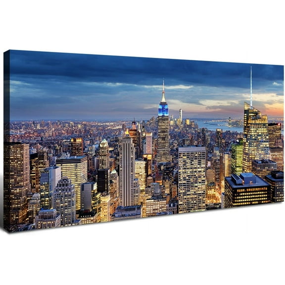 Aaheei New York City Wall Art NYC Skyline Picture Wall Decor Modern Manhattan Cityscape Canvas Prints Poster for Bedroom Living Room Decor Night City Empire Building Panoramic Artwork Home Decoration