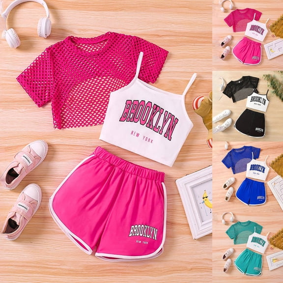RTKFRFLM Girls 3-Piece Summer Set Breathable Mesh Short Sleeve Top with Camisole Tank and Letter Print Shorts Trendy Athletic Outfits for Big Girls and Clothing Sets