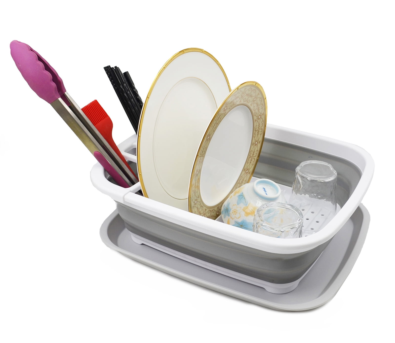 SAMMART 8L (2.11Gallons) Collapsible Plstic Dish Drainer with Drainer Board - Foldable Drying Rack Set - Portable Dinnerware Organizer - Space Saving Kitchen Storage Tray