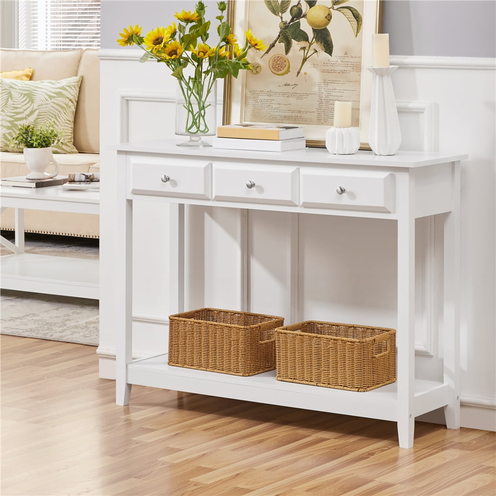 Topeakmart 3-Drawer Wooden Console Table Entryway Table with Storage Shelf Pine Wood Legs, White