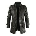 thumbnail image 1 of Men Mid-length Solid Artificial Leather Zipper Stand Collar Slim Jacket Coats, 1 of 2