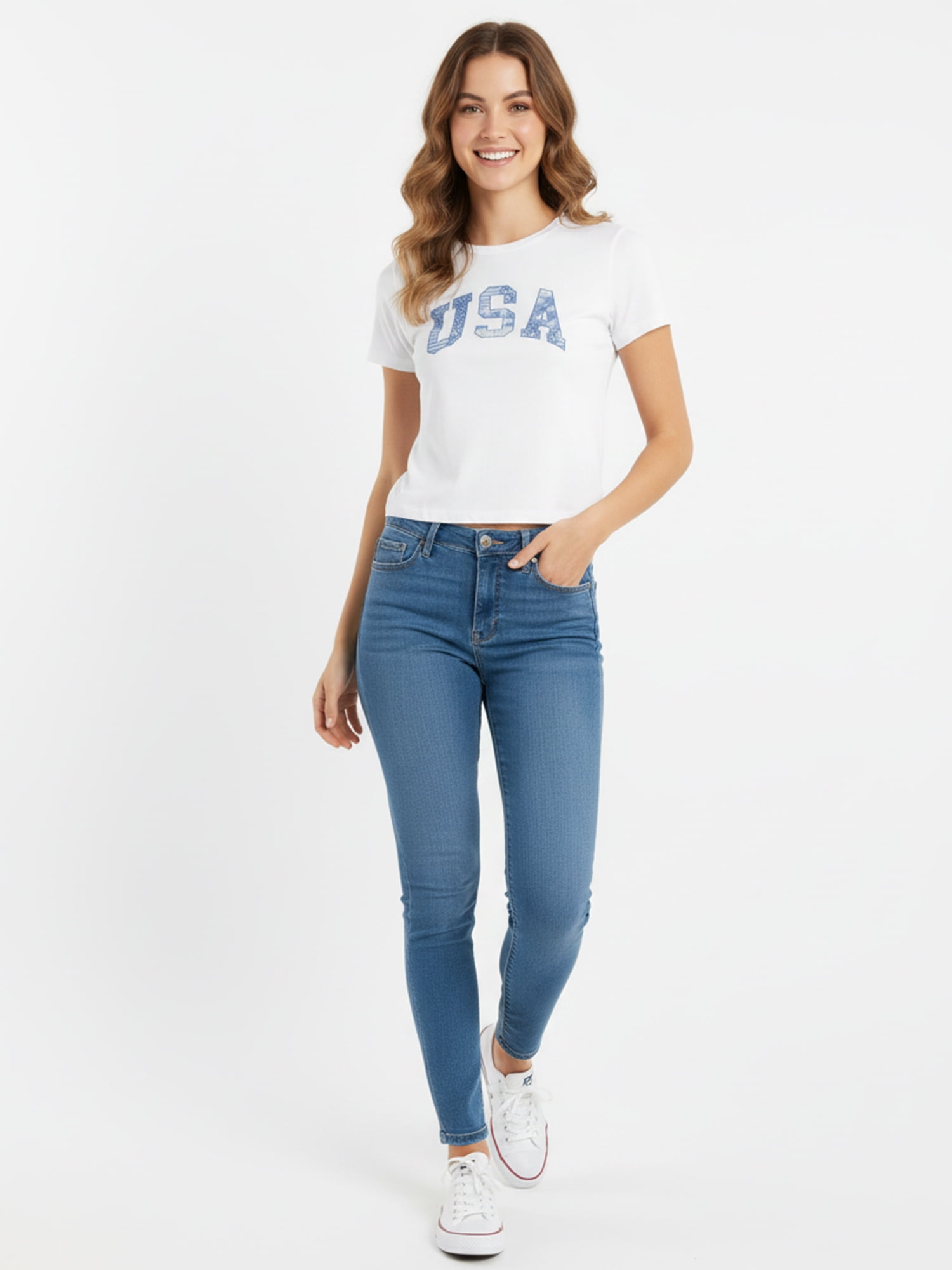USA Patchwork Women's Graphic Cropped Baby Tee with Short Sleeves, Sizes XXS-XXL