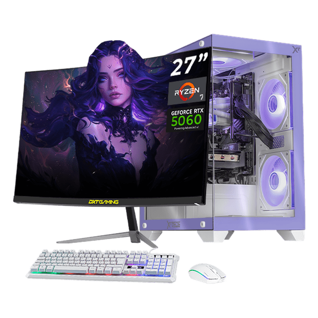 PC Gamer Completa con IA Xtreme PC Gaming NVIDIA GeForce RTX 5060 AMD Ryzen 7 5700 32GB SSD 1TB Monitor Curvo 27 180Hz Sistema Liquido WIFI Lila gaming 1080p, estudios y multitarea