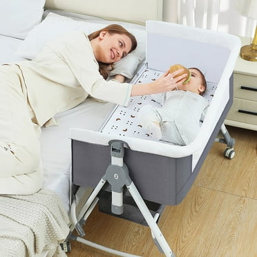 JOJOLAM Baby Bassinet, 5-in-1 Infant Bedside Crib with Changing Table and Locked Wheel, Adjustable Height, for 0-24 Months, Gray