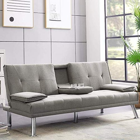 Modern Convertible Futon Sofa Bed For Living Room With Armrest Fold Up Down Recliner Couch Cup Holders Light Grey Canada Modern Convertible Futon Sofa Bed For, Futon With Armrest