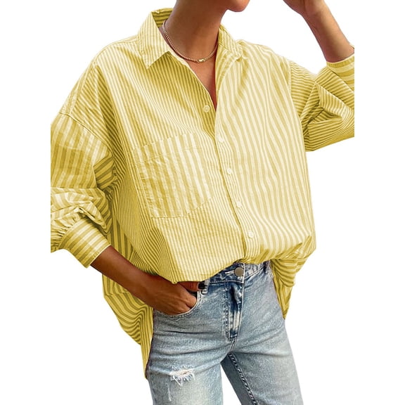 Women's Collared Vertical Striped Drop Shoulder Pocket Button Down Shirt Yellow S