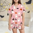 thumbnail image 2 of CAUYDY Pumpkin Ghost Pajamas For Girl Boy Halloween Short Sleeve Shorts Silk Pj Sets Kids Halloween Lounge Sleepwear(Light Pink,6-7 Y), 2 of 5