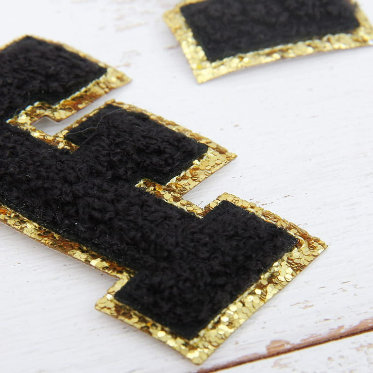 3 Pack Chenille Iron On Glitter Varsity Letter F Patches - Black Chenille  Fabric With Gold Glitter Trim - Sew or Iron on - 5.5 cm Tall 