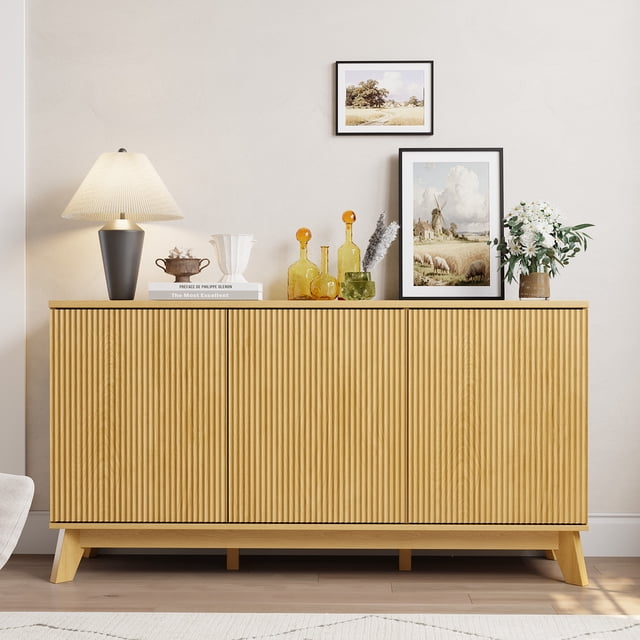 EDTara Buffet de Rangement Style Ferme Moderne, Console Buffet en Bois de 58 Pouces avec Portes Cannelées Courbées et Tablettes Ajustables