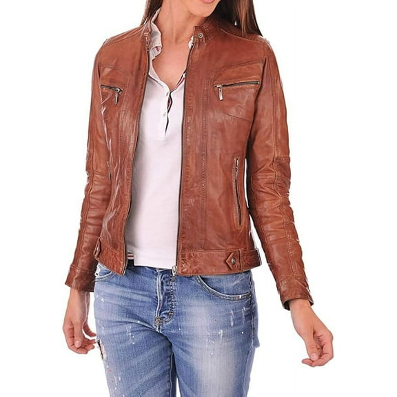 QAWACH Women Leather Jacket - Lambskin Winter Vintage Brown Color Motorcycle Biker Jacket, Moto Riding & Racing Jackets XS Size