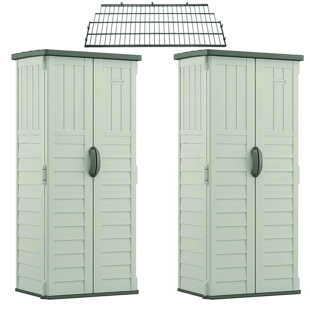 Suncast Vertical Storage Shed (2 Pack) Bundled w/ Metal Wire Shelf Rack