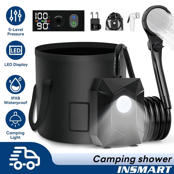INSMART Portable Camping shower, 10L/min 5 Pressure Levels Rechargeable Shower Pump with 20L Foldable Bucket, LED Temp Display for Hiking, Car, Pet, Washing, Travel