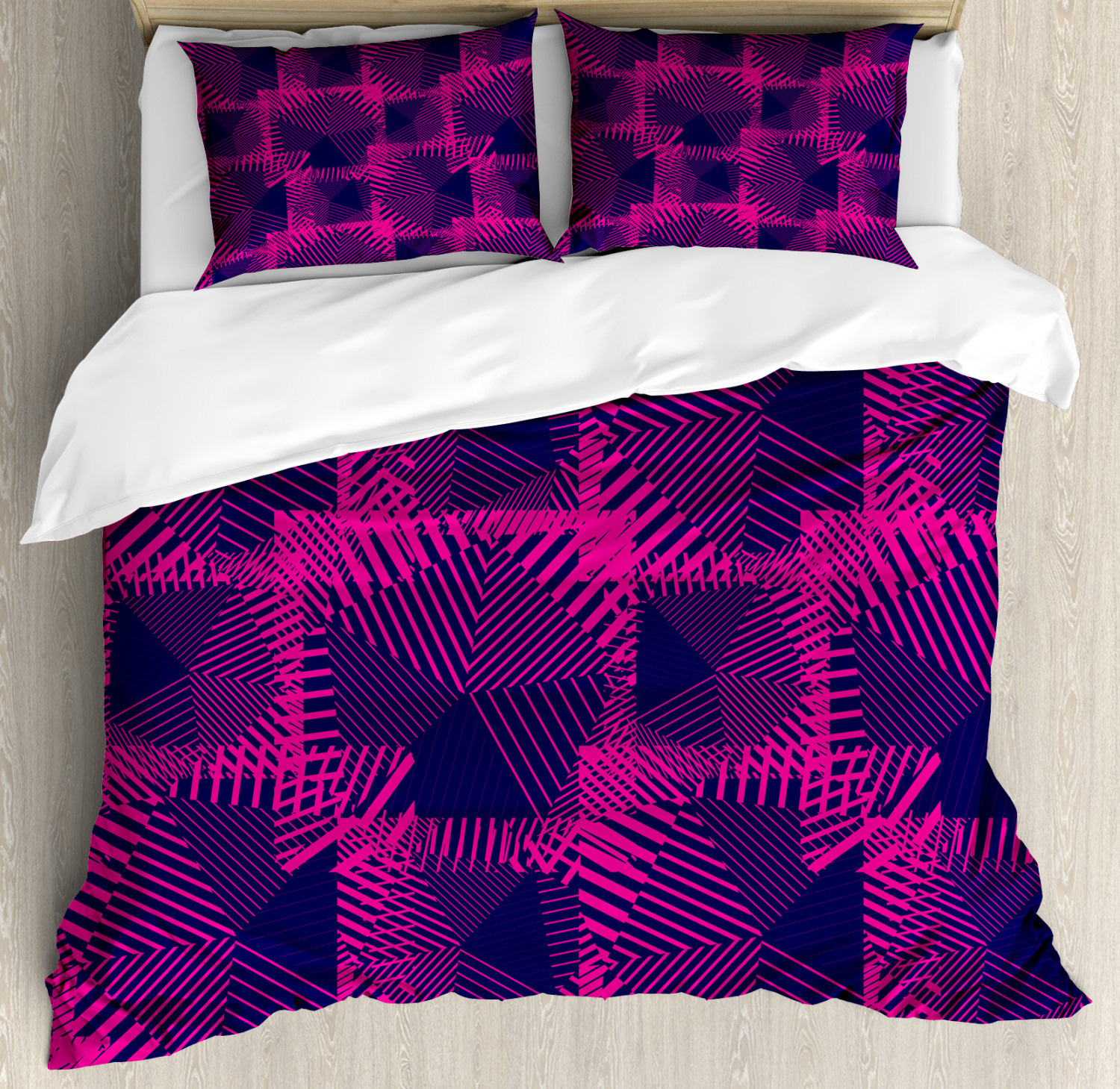 Magenta Decor King Size Duvet Cover Set, Trippy Zip Style Mix Pattern