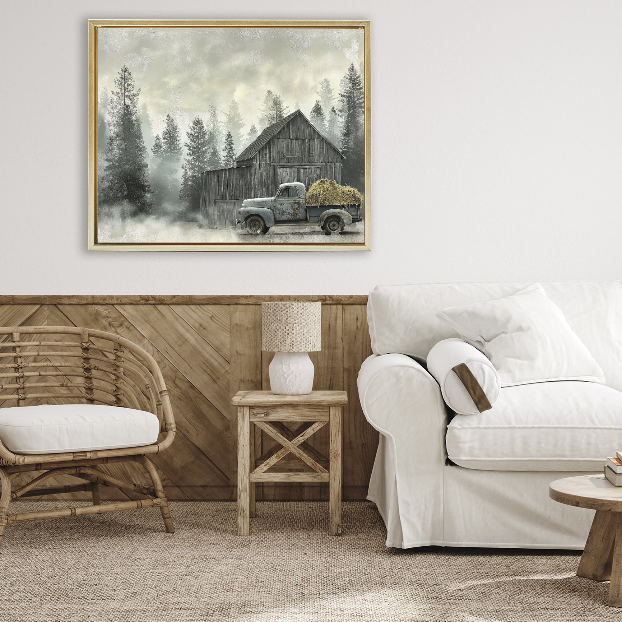 Stupell Industries Vintage Pickup at Misty Barn Gold Framed Floater Canvas Wall Art, design by Imagine It Images