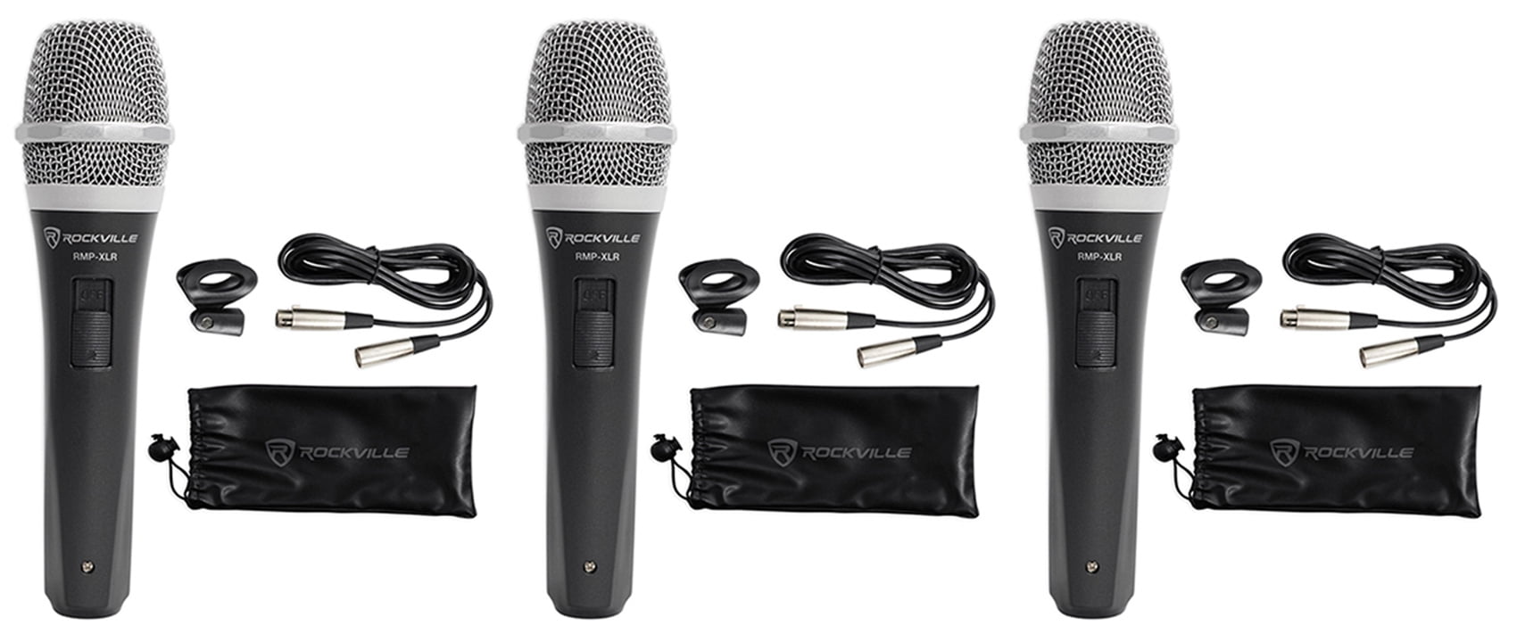 3 Rockville RMP-XLR Dynamic Cardioid Pro Microphones + 10' XLR Cables+3 Clips