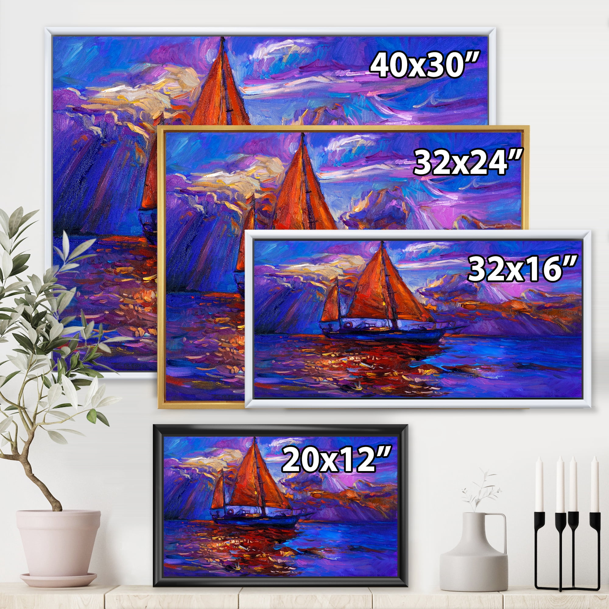 Designart 'Red Sail Ship On Purple Sunset in Blue Ocean' Nautical & Coastal Framed Canvas Wall Art Print