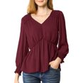 thumbnail image 6 of Allegra K Women's Ruffled Long Puff Sleeves Blouses V Neck Solid Color Semi Sheer Top, 6 of 7