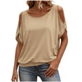 thumbnail image 2 of Gamivast Cold Shoulder Tops for Women Short Sleeve Scoop Neck T Shirts Casual Loose Fit Summer Blouses Basic Flowy Tees for Daily Vacation Khaki S, 2 of 8