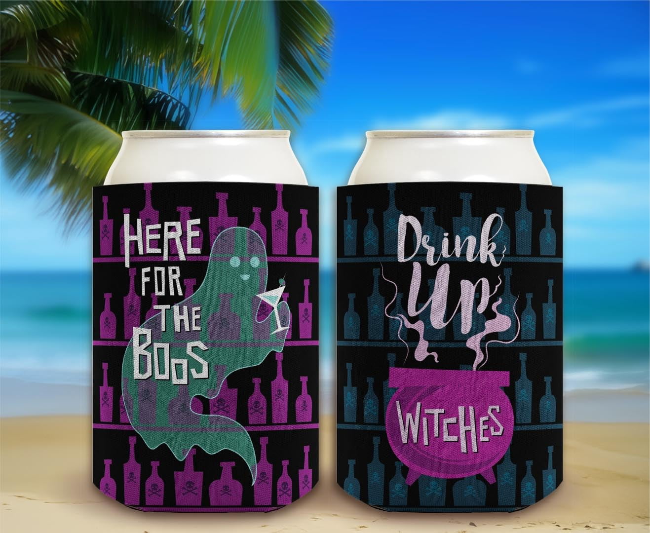 Creepy Halloween Decor Drink Up Witches Here For The Boos 2 Sided 2-Pack Can Drink Thermocoolers
