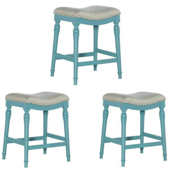 Home Square 3 Piece Saddle Polyester Upholstery Wood Counter Stool Set in Blue