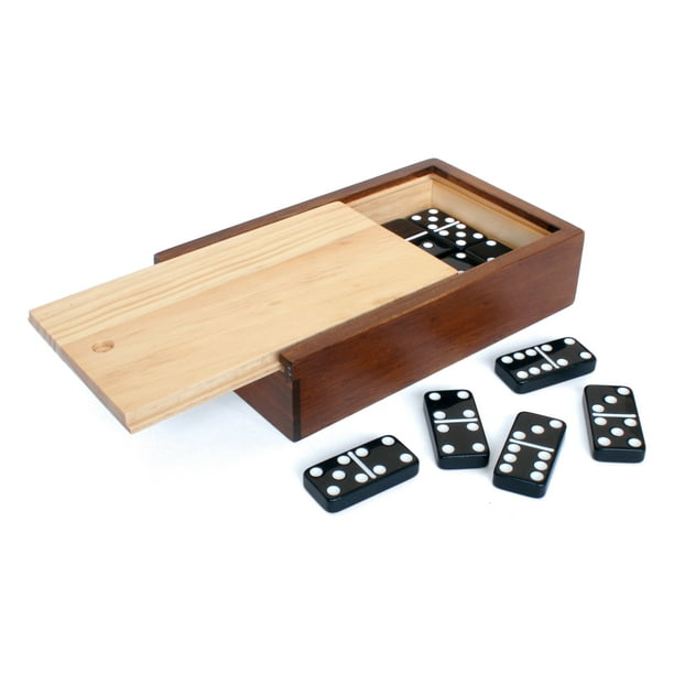 WE Games Double 6 Black Dominoes with White Dots in Wooden Case