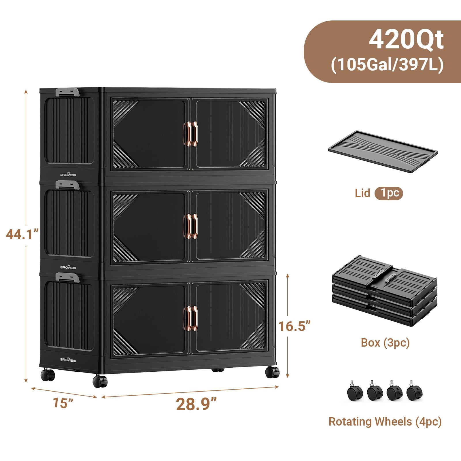 Broview 105Gal Plastic Stackable Storage Bins with Lid, 420QT Extra Large Containers With Drawers, Folding Closets with 4x Wheels, Collapsible Cabinets Organizers for Home Office, 3Pack Black, V60