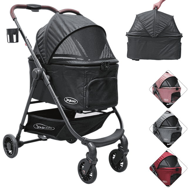 Carriola para Mascotas Cochecito para Perros y Gatos Pequeños - Medianos Transportadora Extraíble Ligera y Plegable con Freno - Negro