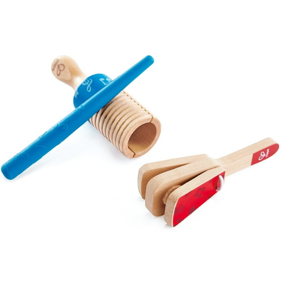 Hape: Percussion Duo - Wooden Clapper & Guiro Hand Musical Instruments, Red & Blue, Gentle Sounds & Rhythm Music Playset, Baby-Toddler-Kids Ages 1 