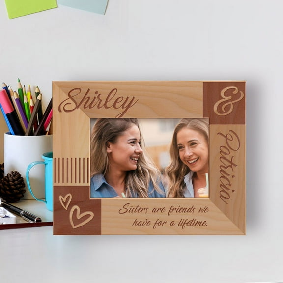 Sisters Are Friends We Have For A Lifetime Personalized Wooden Frame-5" x 3 1/2" Brown Horizontal