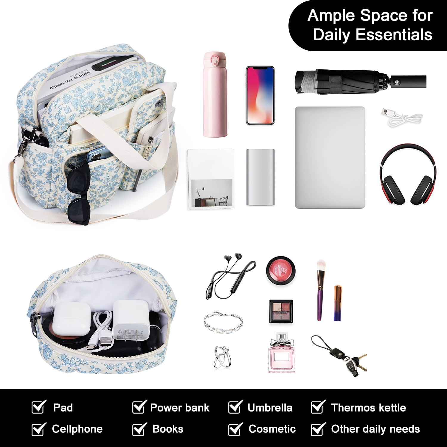 Small Floral Quilted Tote Bag 2-Pack for Women: Multi-Pocket Crossbody & Shoulder Bag for Everyday Use