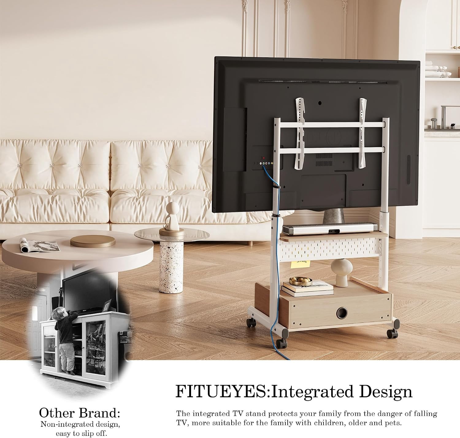 FITUEYES Rolling TV Stand for 40–85 Inch TVs, White, Drawers & Pegboard, Storage Shelf