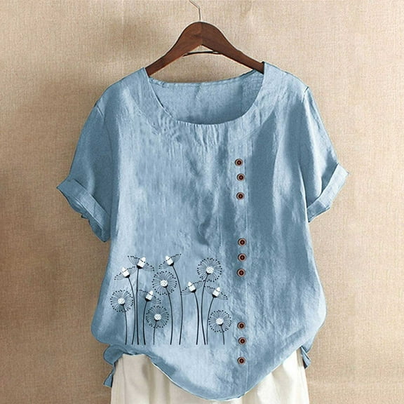 Blue S WIZUTIZ Tops for Women Trendy up to 30% Off Flowy Holiday Beach Oversize Plus Tops Solid Cozy Style Crew Neck Tshirt Linen Ladies Tee Sports Trendy Shirts Work Out Short Sleeve Tshirts