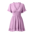 thumbnail image 5 of Uscallm Women Plus Size V Neck Short Sleeve Ruffle Flowy Mini Dress Casual Boho A-Line Beach Summer Sundresses, Pink S, 5 of 5
