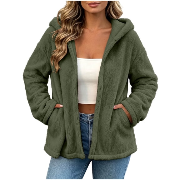 Ghalytn Women's Fleece Jacket Hooded Zip Up Fuzzy Coat with Pockets for Fall and Winter