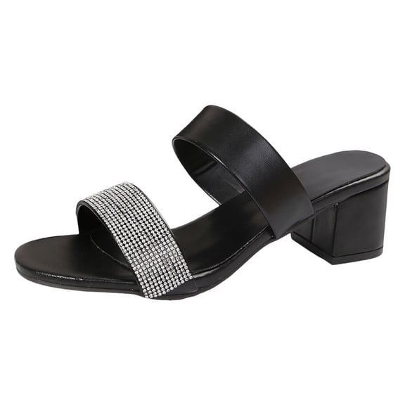 IUJSOY Women's Low Block Heels Sandals Two Strap Rhinestone Open Toe Dress Pumps Shoes