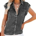 thumbnail image 2 of Riforla Summer Pure Color Retro Women's Short Sleeve Denim Shirt Womens Tops Grey L, 2 of 9