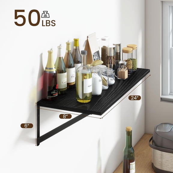 Deep Floating Shelves for Wall, 24W x 8D Wall Mounted Shelves Set of 2, Wide Display Ledge Shelf with Sturdy Metal Brackets for Living Room, Bathroom, Bedroom and Kitchen, Black