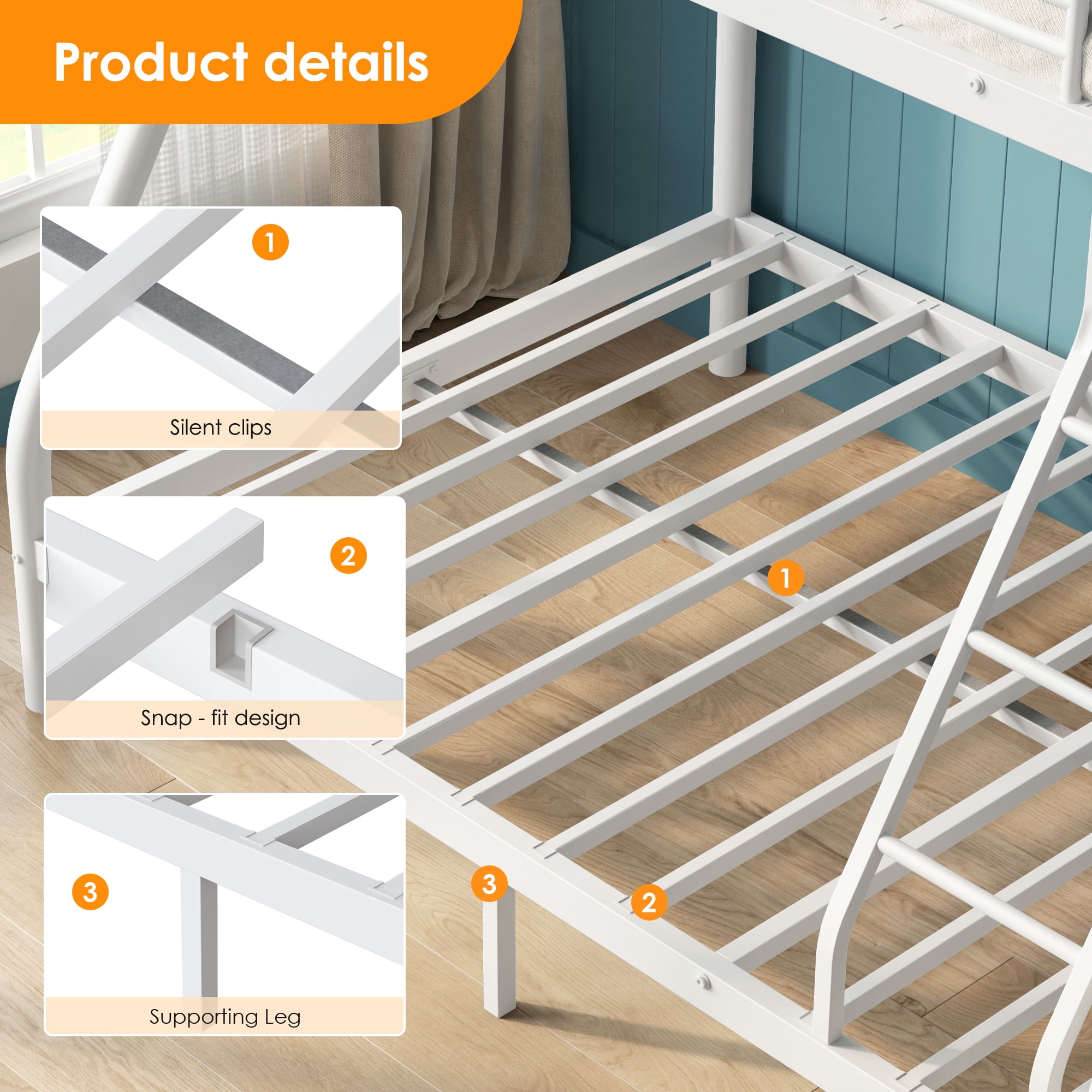Metal Bunk Bed(500LBS), Twin Over Full Size with Guardrail & Ladder, Sturdy Steel Frame for Adults, Teens, Kids, Space Saving, Easy to Assemble, No Box Spring Required, White