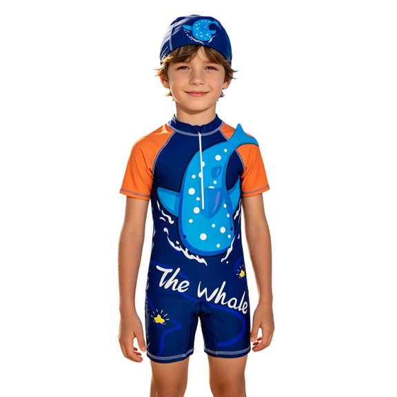 Byoo Little Boys Quick Dry One Piece Swimsuit with Cap UPF 50 Whale Print Swimwear for Kids,Blue