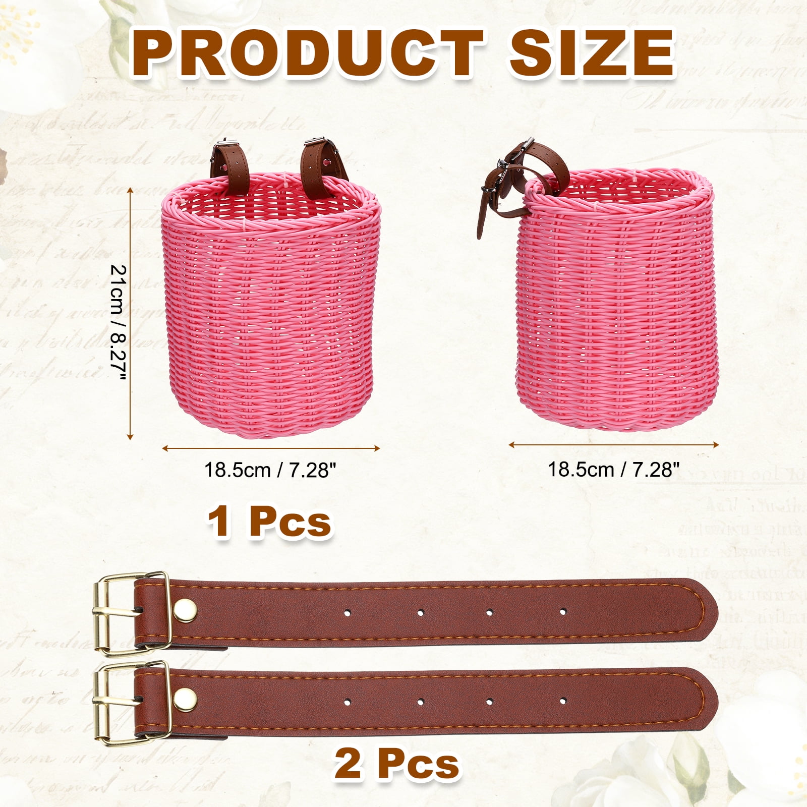 Uxcell Bike Basket, Imitation Rattan Bicycle Basket Adjustable Front Baskets with 2 Leather Belt Buckles Strong Load 7.3 x 7.3 x 8.2" & Pink-Fitting For(Most Bikes/Tricycle/Scooters)
