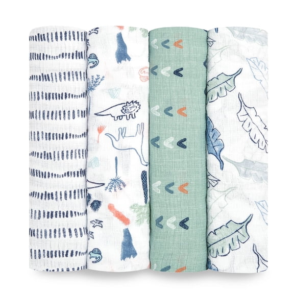 aden + anais Essentials Muslin Swaddle Blankets for Baby Girls and Boys, Newborn Receiving Blanket for Swaddling, 100% Cotton Baby Swaddle Wrap, 4 Pack, Dinotime