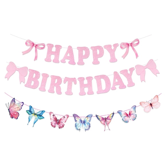 Banderín de cumpleaños con forma de mariposa, color rosa, para niñas