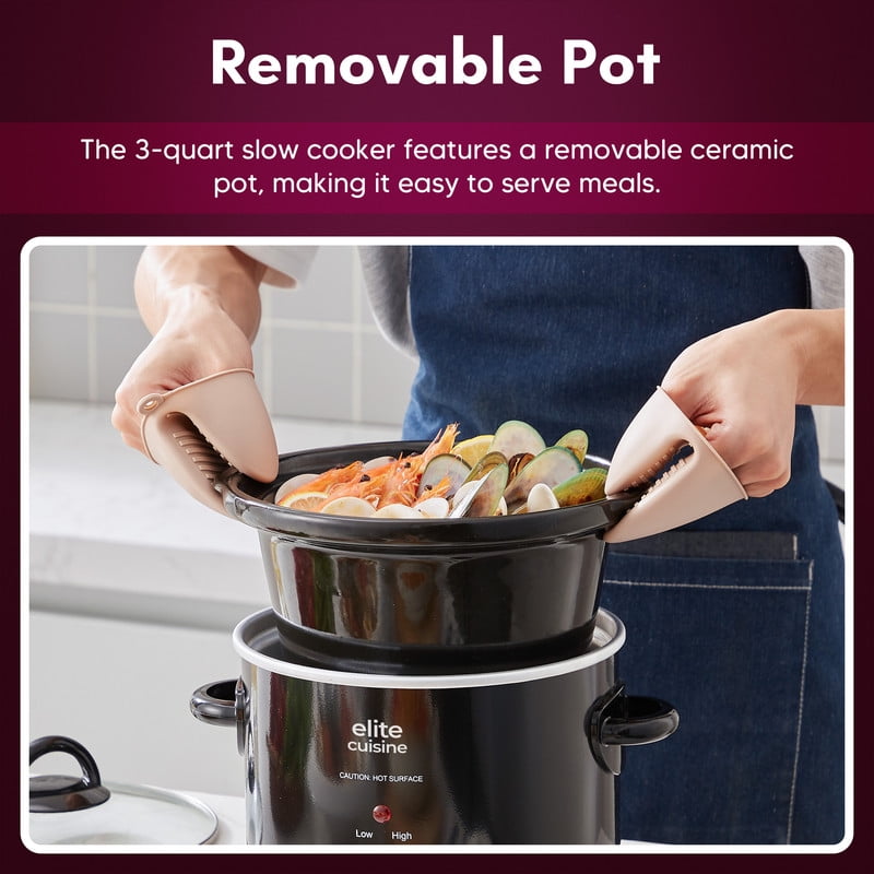 Elite Cuisine MST350 3 Qt Slow Cooker with Adjustable Settings and Keep Warm
