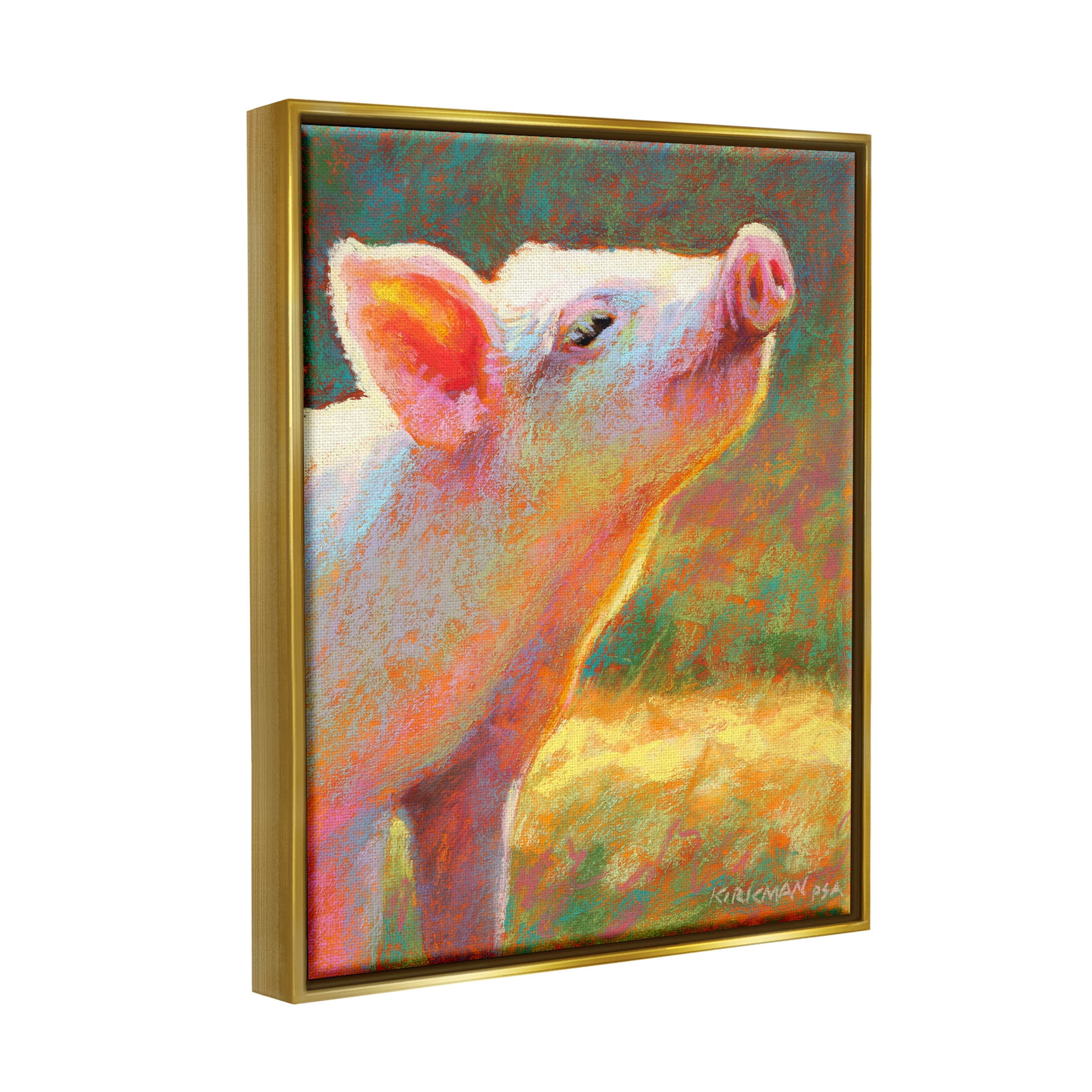 Happy Pink Pig Sunny Farm Animals & Insects Painting Metallic Gold Framed Art Print Wall Art