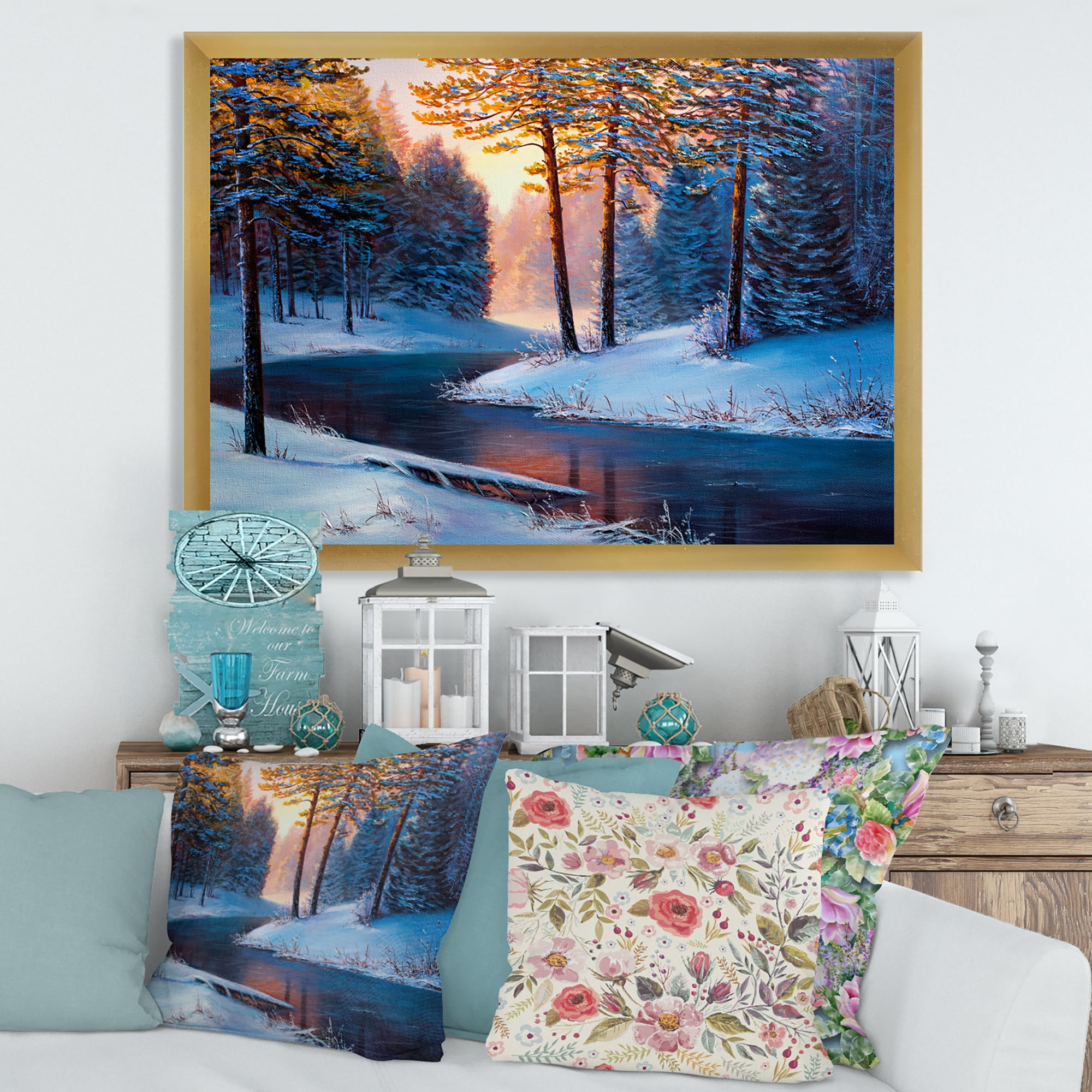 Designart 'Morning Glow Through The Christmas Forest By The River' Lake House Framed Art Print