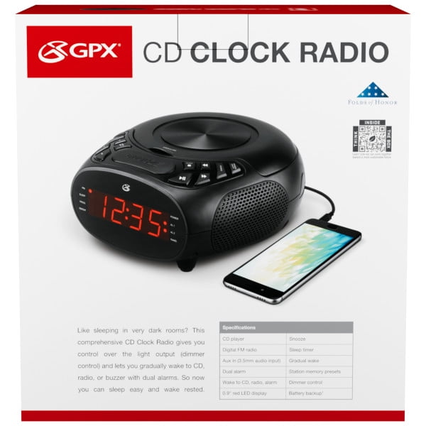 GPX CD AM/FM Dual Alarm Clock Radio with 1.2 Inch Display and Snooze Function - Black