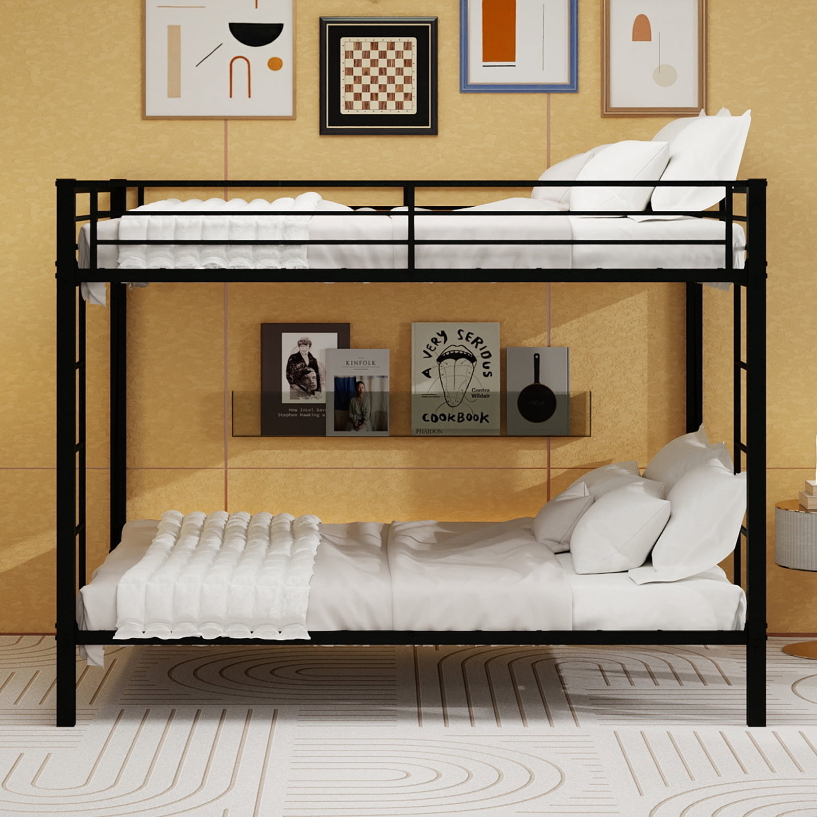 Leumius Queen over Queen Metal Bunk Bed,Heavy-Duty Steel Frame with Ladder & Safety Guardrails for Adults,Black