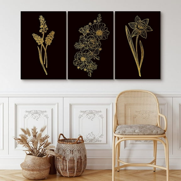 PixonSign Canvas Print Wall Art Set Golden Rose and Fern Line Art Floral Wilderness Illustrations Minimalism Farmhouse/Country Group Dramatic Multicolor Dark for Living Room, Bedroom - 24"x36"x3